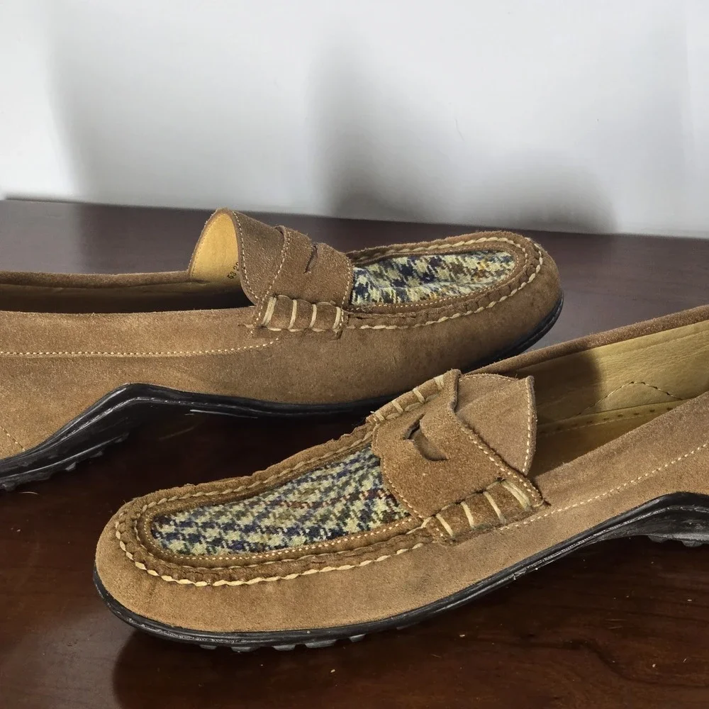 Martin Dingman Suede Driving Loafers Tan Woven Penny Slip On Men's 10.5M